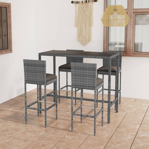 vidaXL 5-tlg. Gartenbar-Set mit Kissen Poly Rattan Grau