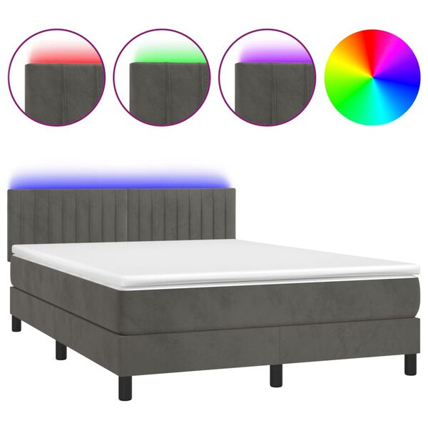 vidaXL Boxspringbett mit Matratze & LED Dunkelgrau 140x200 cm Samt