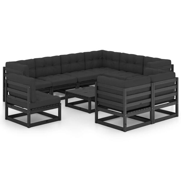 vidaXL 10-tlg. Garten-Lounge-Set mit Kissen Schwarz Massivholz Kiefer