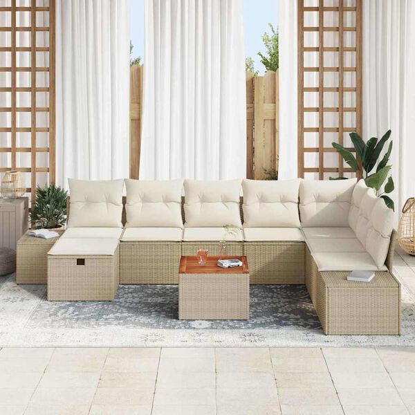 vidaXL Garten-Sofa-Set mit Kissen mit Speicher 9 pcs Beige Poly Rattan