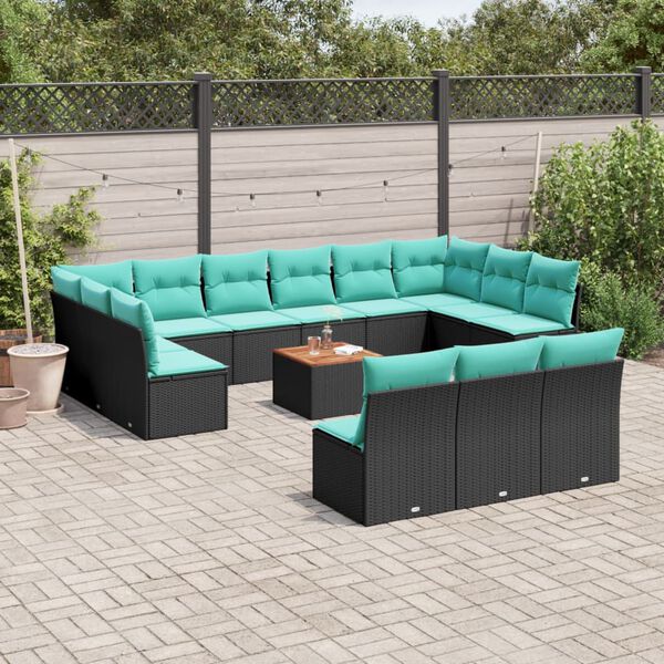 vidaXL 14-tlg. Garten-Sofagarnitur mit Kissen Schwarz Poly Rattan