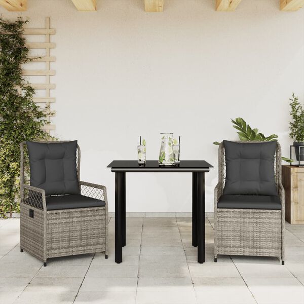 vidaXL 3-tlg. Garten-Essgruppe mit Kissen Grau Poly Rattan