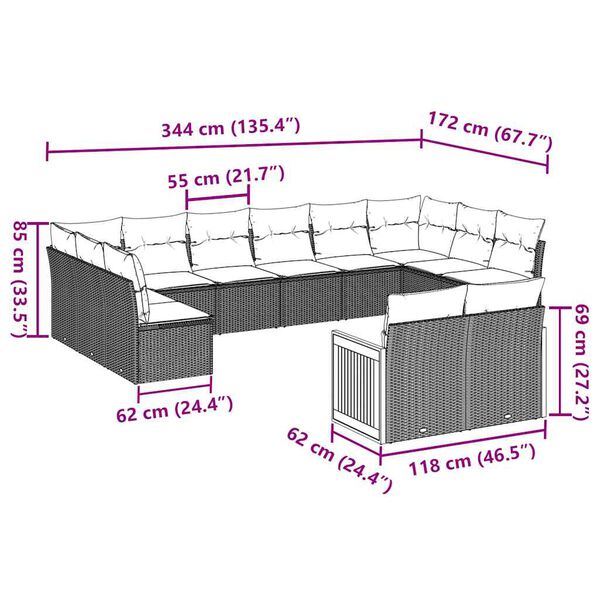 vidaXL 12-tlg. Garten-Sofagarnitur mit Kissen Schwarz Poly Rattan