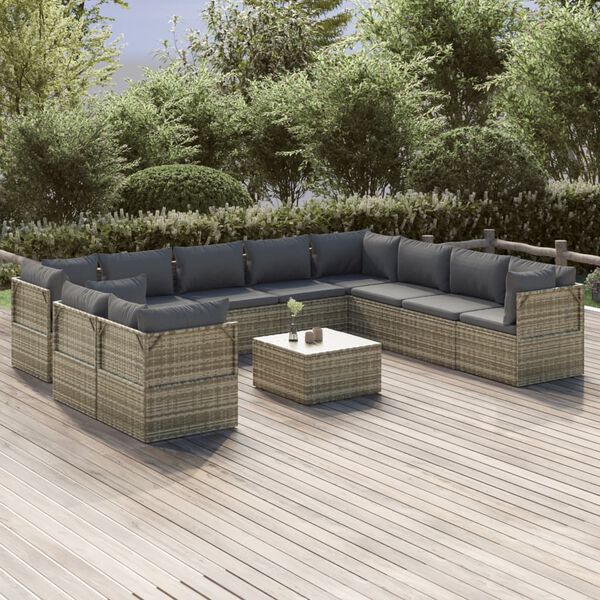 vidaXL 11-tlg. Garten-Lounge-Set mit Kissen Grau Poly Rattan