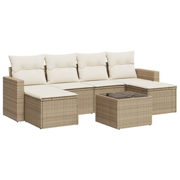 vidaXL 7-tlg. Garten-Sofagarnitur mit Kissen Beige Poly Rattan