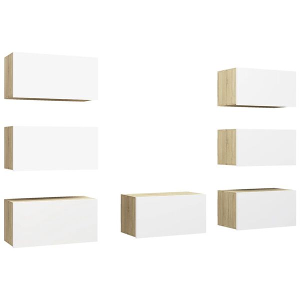 vidaXL TV-Schr&auml;nke 7 Stk. Wei&szlig; Sonoma-Eiche 30,5x30x60cm Holzwerkstoff