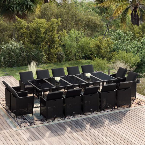 vidaXL 15-tlg. Garten-Essgruppe mit Kissen Poly Rattan Schwarz