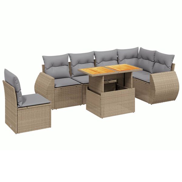 vidaXL 7-tlg. Garten-Sofagarnitur mit Kissen Beige Poly Rattan