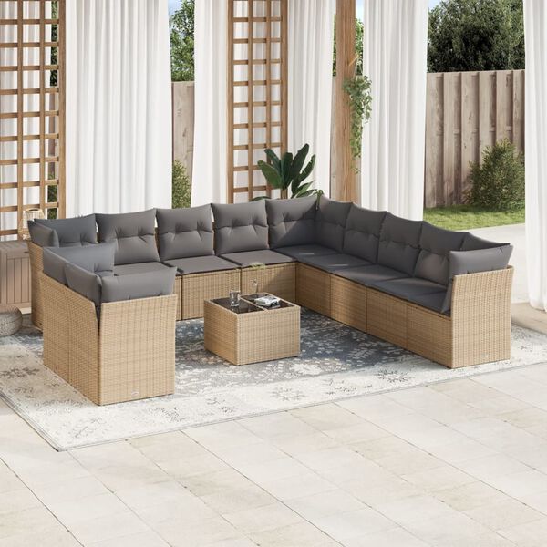 vidaXL 12-tlg. Garten-Sofagarnitur mit Kissen Beige Poly Rattan