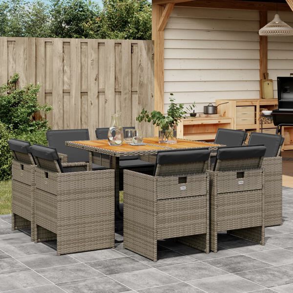 vidaXL 9-tlg. Garten-Essgruppe mit Kissen Grau Poly Rattan