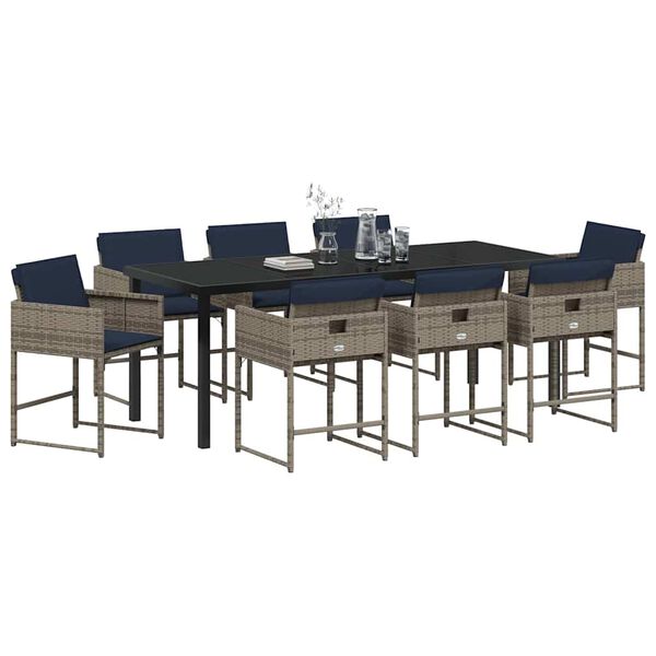 vidaXL Garten Essgruppe mit Kissen 9 pcs Grau Poly-Rattan