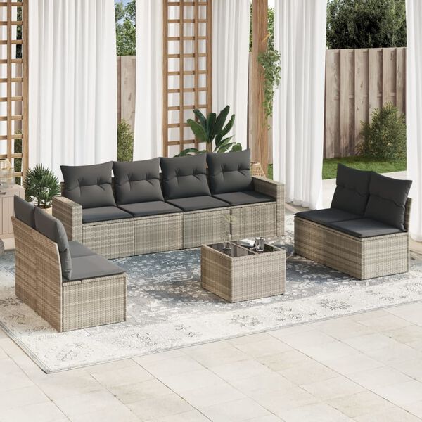 vidaXL 9-tlg. Garten-Sofagarnitur mit Kissen Hellgrau Poly Rattan