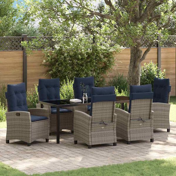 vidaXL Garten Essgruppe mit Kissen 7 pcs Grau Poly-Rattan