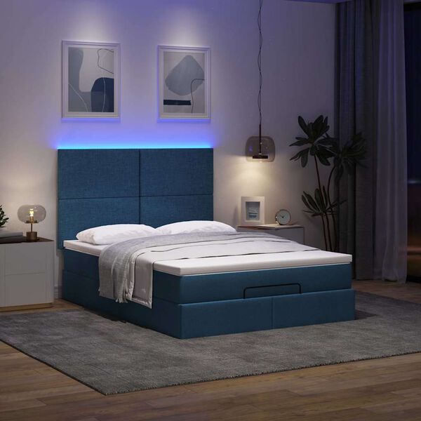 vidaXL Ottoman-Bett mit Matratze & LEDs Blau 140x200 cm Stoff