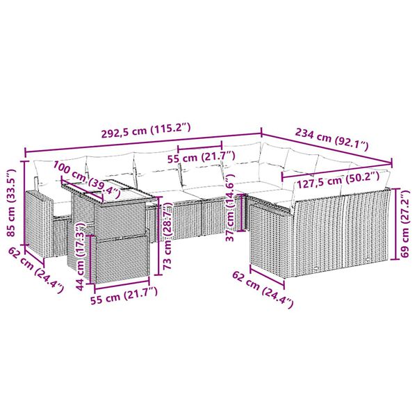 vidaXL 10-tlg. Garten-Sofagarnitur mit Kissen Beige Poly Rattan