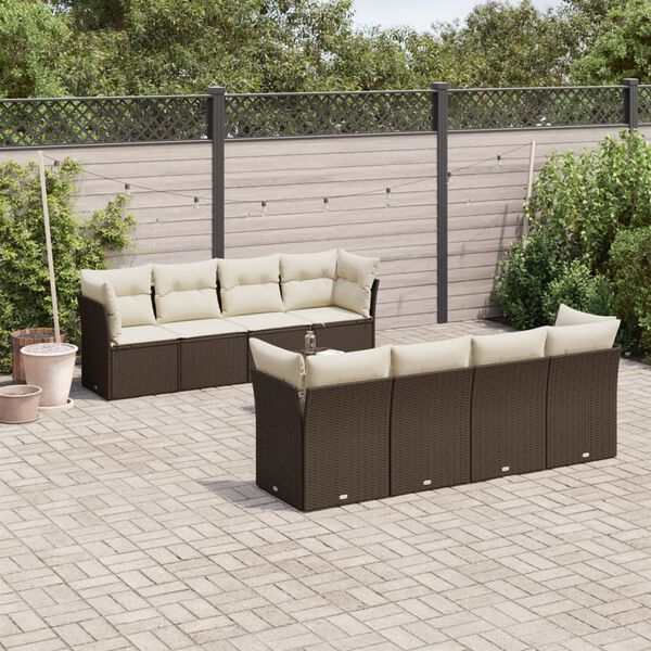 vidaXL 9-tlg. Garten-Sofagarnitur mit Kissen Braun Poly Rattan