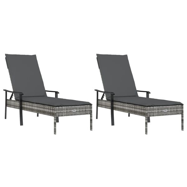 vidaXL Sonnenliegen 2 Stk. mit Tisch und Auflagen Grau Poly Rattan