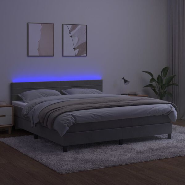 vidaXL Boxspringbett mit Matratze & LED Hellgrau 160x200 cm Samt