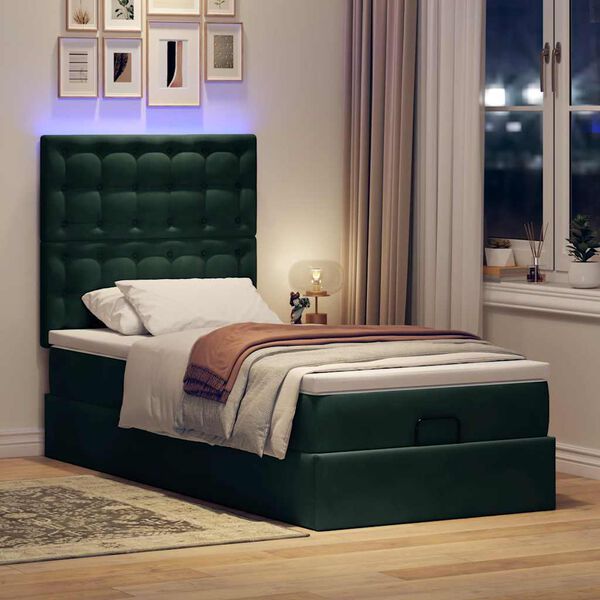 vidaXL Ottoman-Bett mit Matratzen & LEDs Dunkelgr&uuml;n 80x200 cm Samt