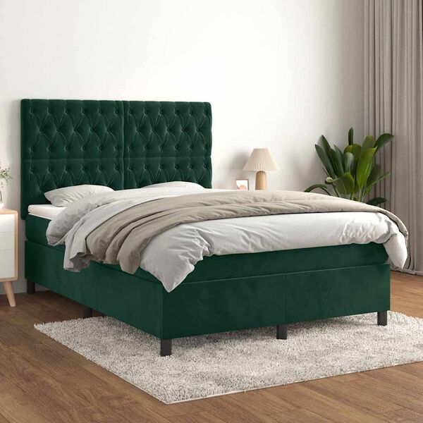 vidaXL Boxspringbett mit Matratze Dunkelgr&uuml;n 140x200 cm Samt