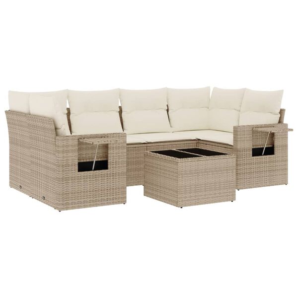 vidaXL 7-tlg. Garten-Sofagarnitur mit Kissen Beige Poly Rattan