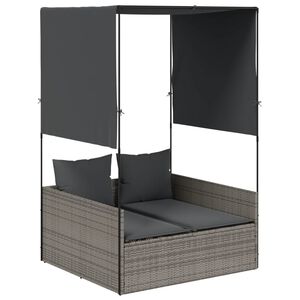 vidaXL Doppel-Sonnenliege mit Dach und Vorh&auml;ngen Grau Poly Rattan