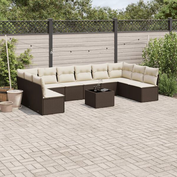 vidaXL 11-tlg. Garten-Sofagarnitur mit Kissen Braun Poly Rattan