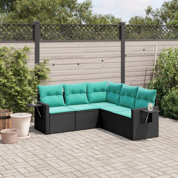 vidaXL 5-teiliges Gartensofa-Set mit Kissen, schwarzes Polyrattan