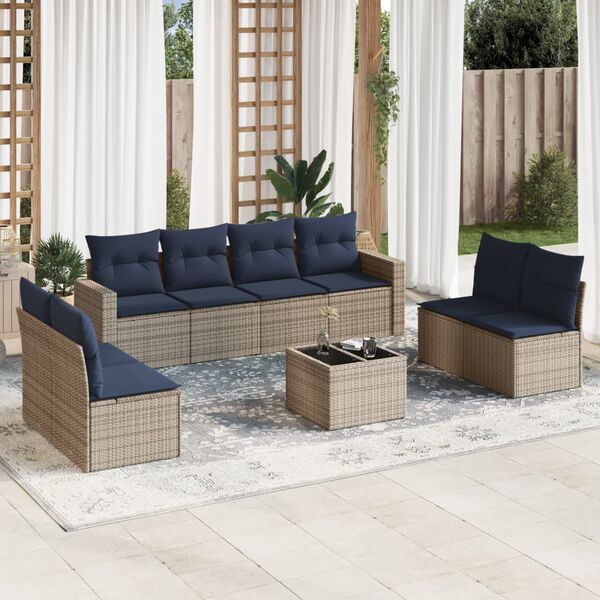 vidaXL 9-tlg. Garten-Sofagarnitur mit Kissen Grau Poly Rattan