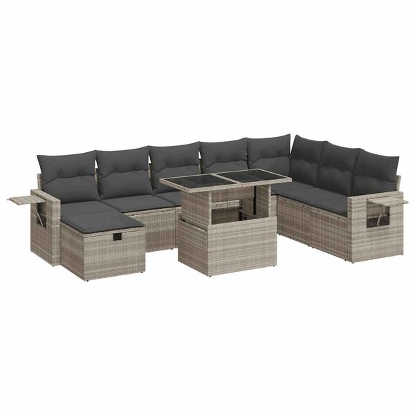 vidaXL 9-tlg. Garten-Sofagarnitur mit Kissen Hellgrau Poly Rattan