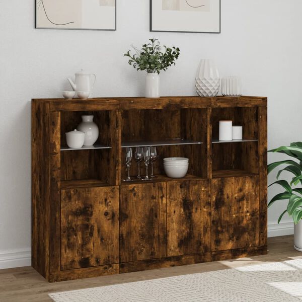 vidaXL Sideboards mit LED-Leuchten 3 Stk. Räuchereiche Holzwerkstoff