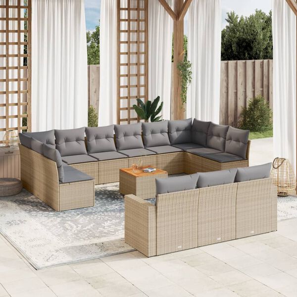 vidaXL 14-tlg. Garten-Sofagarnitur mit Kissen Beige Poly Rattan