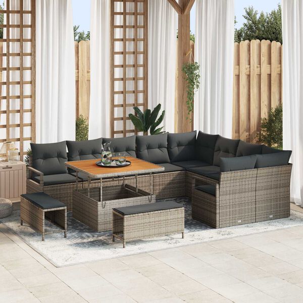 vidaXL Garten-Sofa-Set mit Kissen 12 pcs Grau Poly Rattan