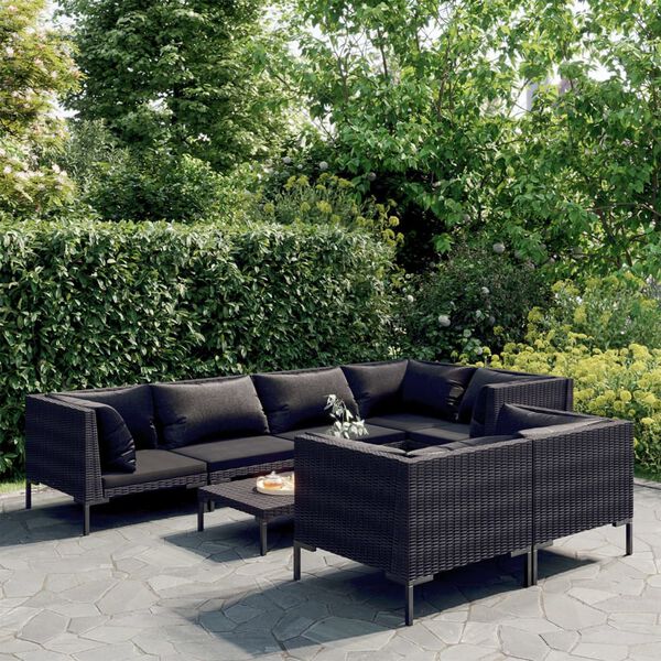 vidaXL 8-tlg. Garten-Lounge-Set mit Kissen Poly Rattan Dunkelgrau