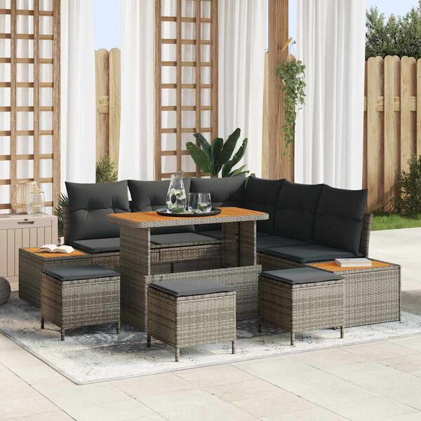 vidaXL Gartensofa-set mit Kissen mit Speicher 9 pcs Grau Poly Rattan