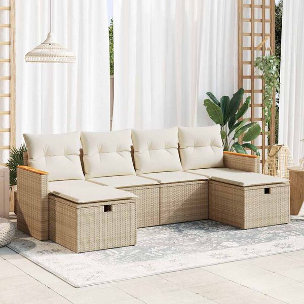 vidaXL 6-tlg. Garten-Sofagarnitur mit Kissen Beige Poly Rattan