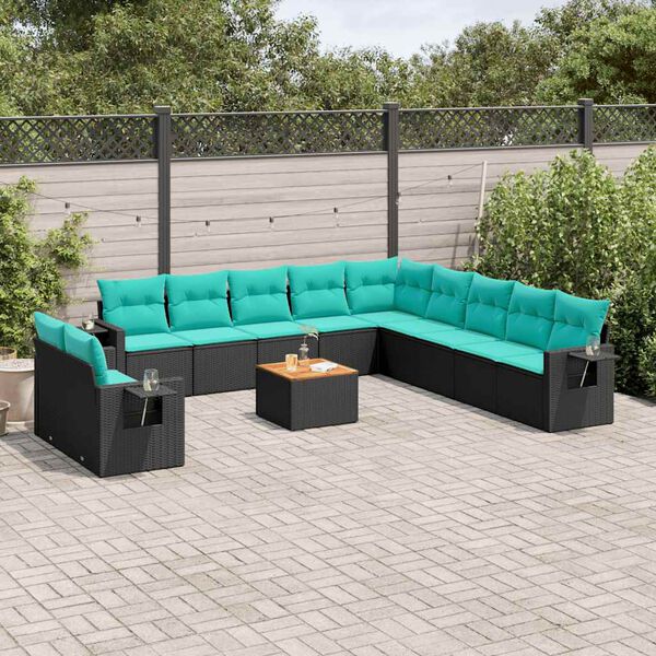 vidaXL 12-teiliges Gartensofa-Set mit Kissen, schwarzes Polyrattan