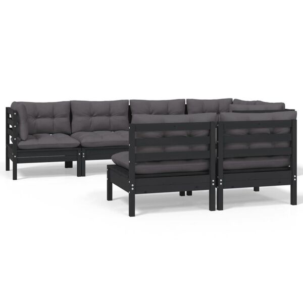 vidaXL 7-tlg. Garten-Lounge-Set mit Kissen Schwarz Kiefer Massivholz