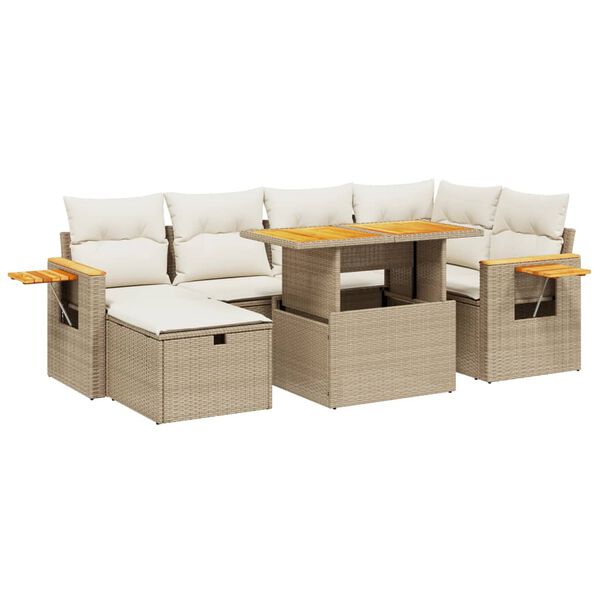 vidaXL 7-tlg. Garten-Sofagarnitur mit Kissen Beige Poly Rattan