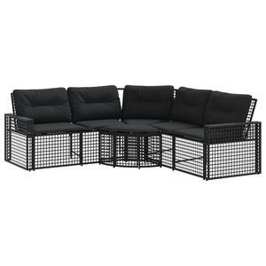 vidaXL Gartensofa in L-Form mit Kissen und Fu&szlig;bank Schwarz Poly Rattan