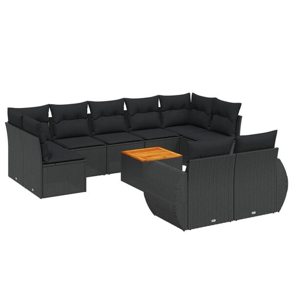 vidaXL 10-tlg. Garten-Sofagarnitur mit Kissen Schwarz Poly Rattan