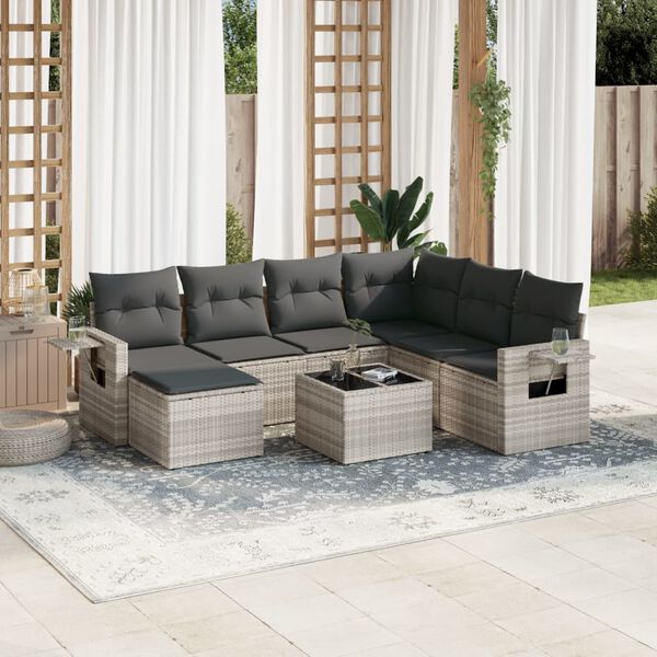 vidaXL 8-tlg. Garten-Sofagarnitur mit Kissen Hellgrau Poly Rattan