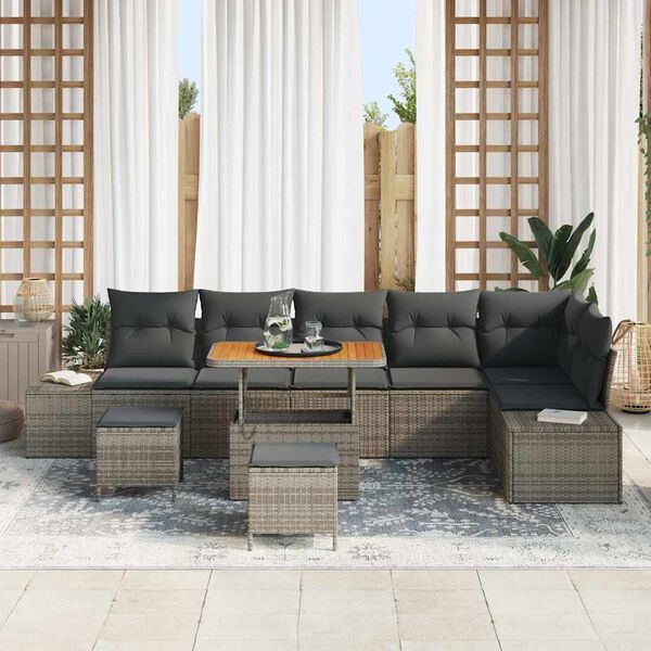 vidaXL Gartensofa-set mit Kissen mit Speicher 9 pcs Grau Poly Rattan