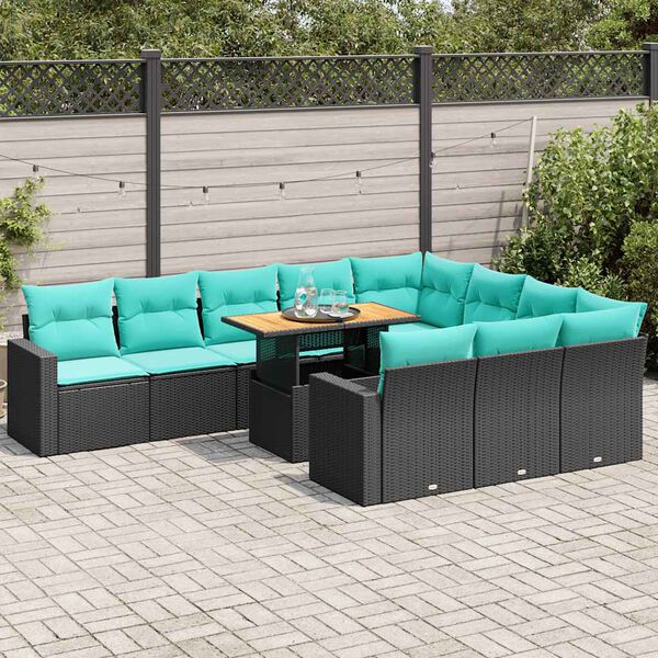 vidaXL 11-tlg. Garten-Sofagarnitur mit Kissen Schwarz Poly Rattan