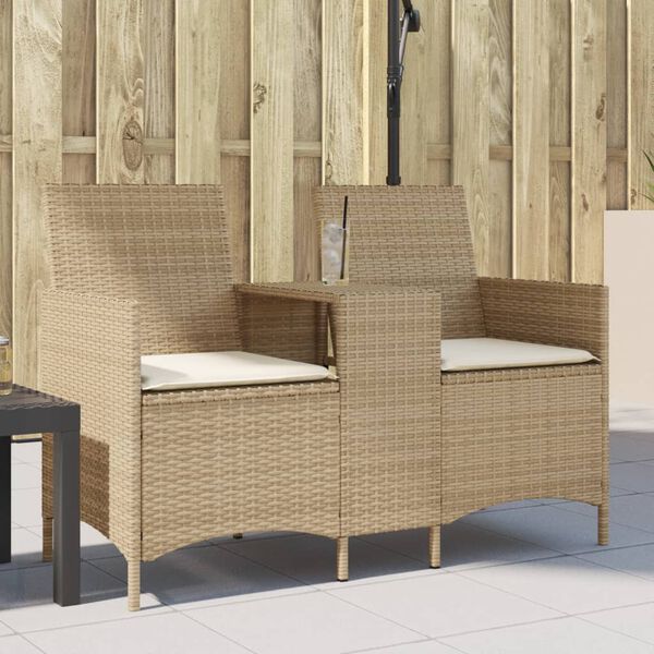vidaXL Gartensofa 2-Sitzer mit Tisch und Kissen Beige Poly Rattan