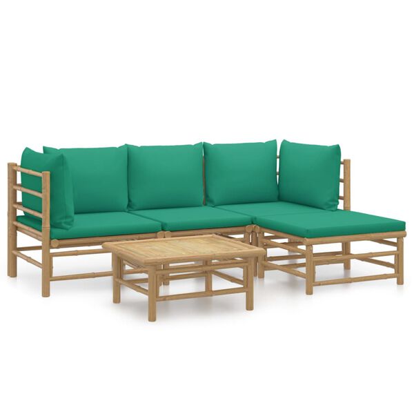 vidaXL 5-tlg. Garten-Lounge-Set mit Grünen Kissen Bambus