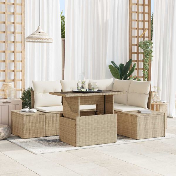 vidaXL Gartensofa-set mit Kissen mit Speicher 5 pcs Beige Poly-Rattan