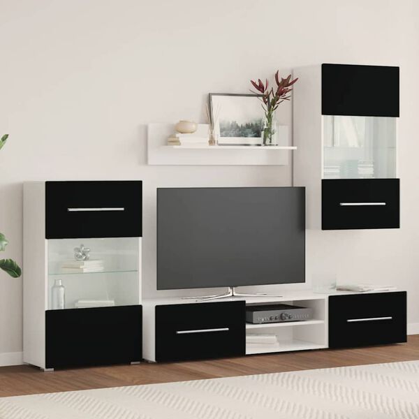 vidaXL 5-tlg. Wohnwand mit LED-Beleuchtung Mattschwarz Holzwerkstoff