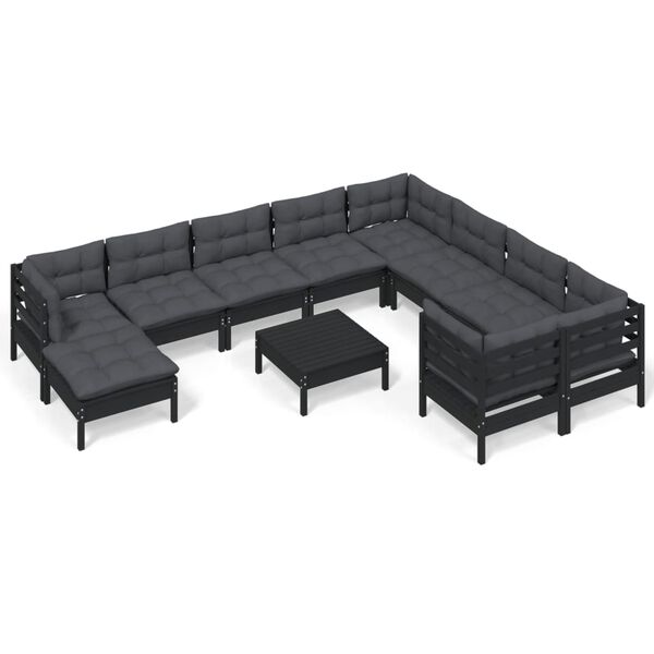 vidaXL 11-tlg. Garten-Lounge-Set mit Kissen Schwarz Kiefernholz