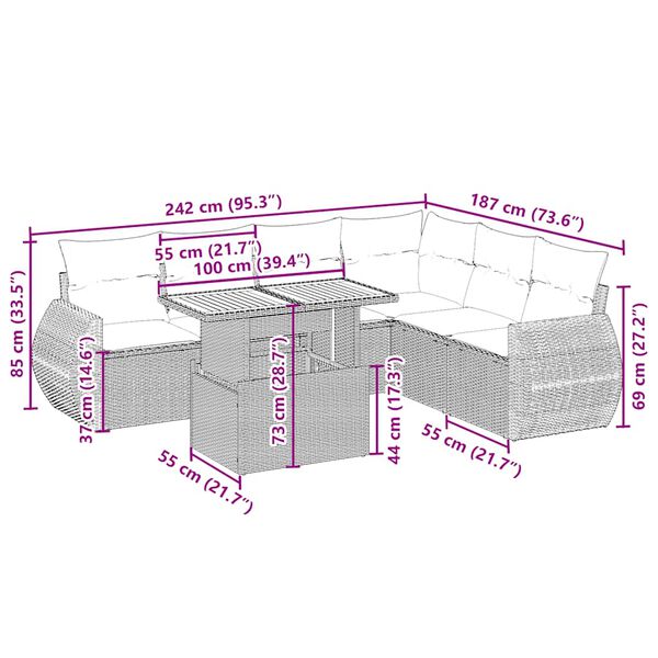 vidaXL 7-tlg. Garten-Sofagarnitur mit Kissen Beige Poly Rattan